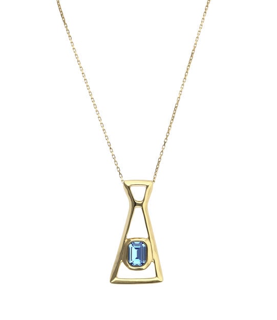 Long necklace with pendant and rectangular blue faceted crystal