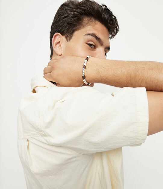 Bracelet &eacute;lastique en perles d'argent et de bois, Argent, large