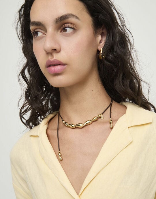 Collier en cuir aux gouttes dor&eacute;es entrelac&eacute;es, Or, large