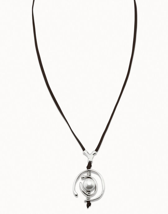 Collier en cuir et perle en argent plaqu&eacute;