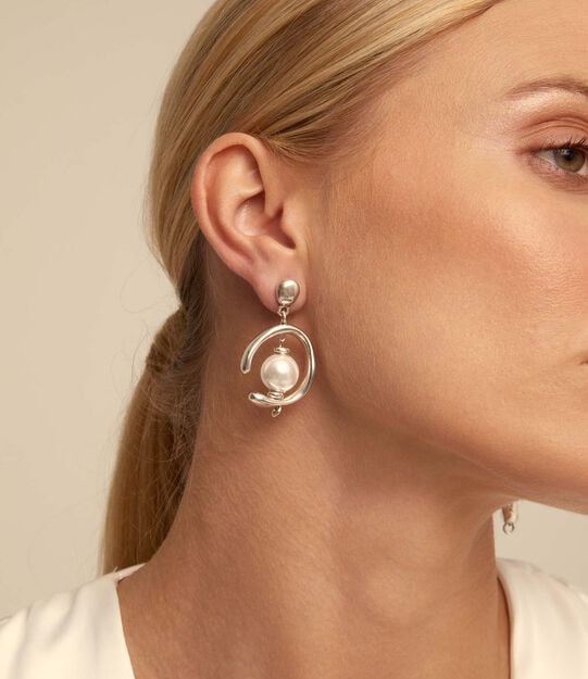 Drop earrings with pearl, Silver, large