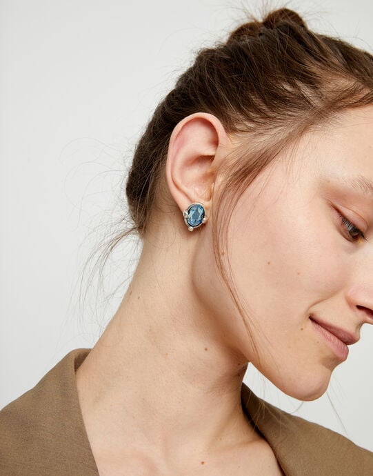 Studs with blue oval faceted crystals, Silver, large