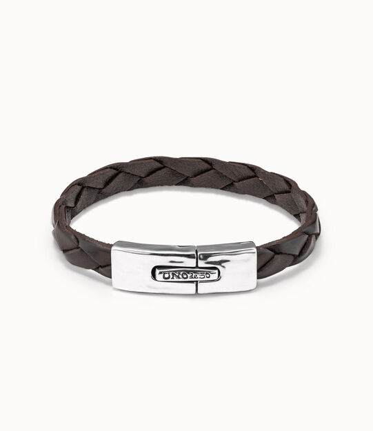 Pulsera cuero marrón con cierre de muelle rectangular bañado en plata de ley