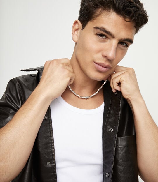 Collier en cuir et perles avec d&eacute;tail de cr&acirc;ne, Argent, large