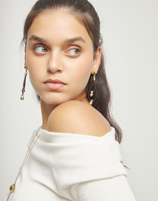 Drop earrings with leather earrings and sphere detail, Golden, large