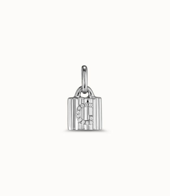 Charm candado bañado en plata de ley con letra de topacios G