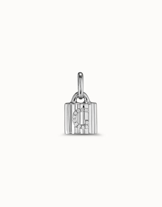 Sterling silver-plated padlock charm with topaz letter G