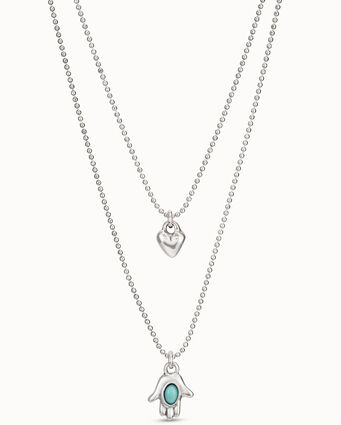 Sterling silver-plated necklace with two chains of different length with heart and hand charms with murano glass