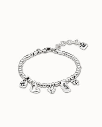 Sterling silver-plated bracelet with heart, clover and hand charm