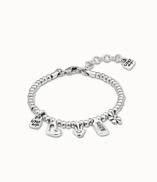 Pulsera bañada en plata de ley con charm corazón, trébol y mano