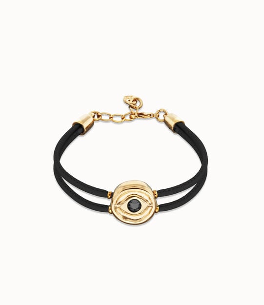 Pulsera doble de cuero negro con ojo bañado en oro 18k