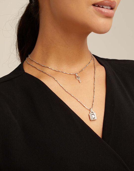Multi strand long chain pendant necklace with charms, Silver, large