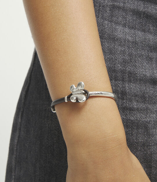 Brown leather bracelet with butterfly ornament, Silver, large