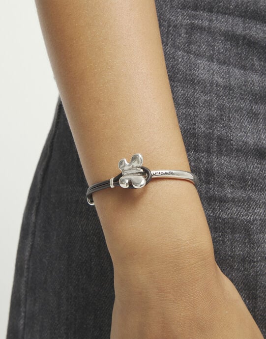 Pulsera combinada en cuero marr&oacute;n y plata de ley con adorno de mariposa, Plateado, large