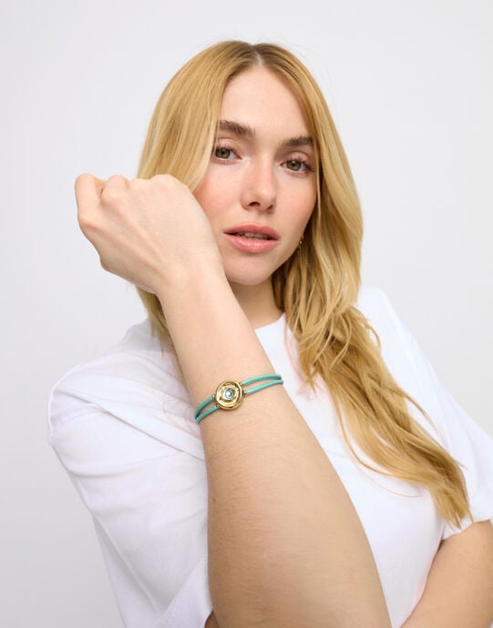Double turquoise leather birthstone bracelet with eye, Golden, large
