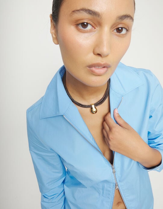 Collar de cuero con esfera grande ba&ntilde;ada en oro 18k, Dorado, large