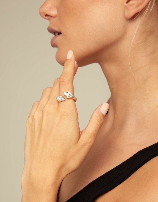 Open ring with two crystals, Silver, large