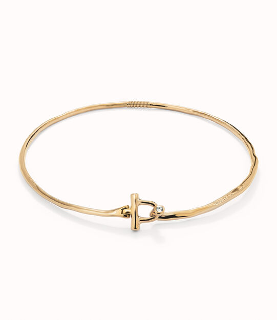 Rigid necklace with 18K gold-plated front clasp and white topaz