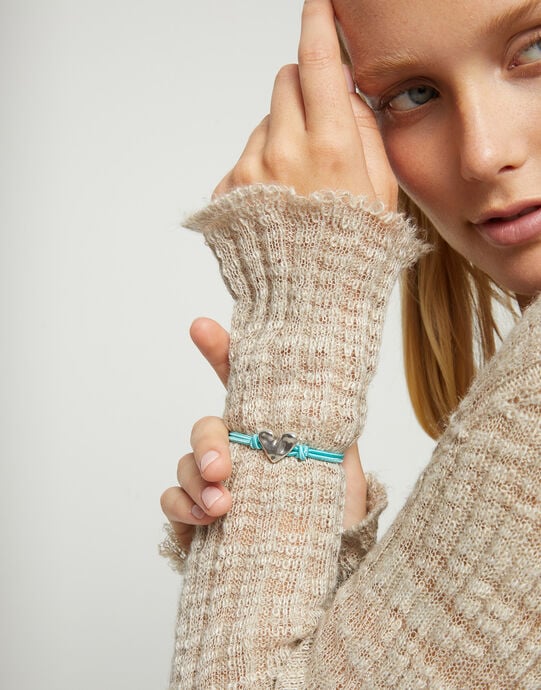 Turquoise elastic thread bracelet with heart charm, Silver, large