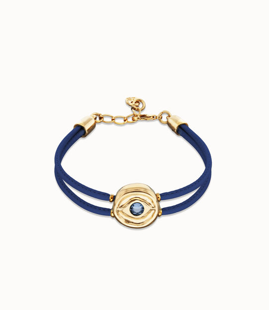 Pulsera doble de cuero azul con ojo bañado en oro 18k