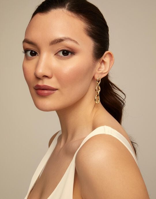 Drop earrings with 3 links, Golden, large