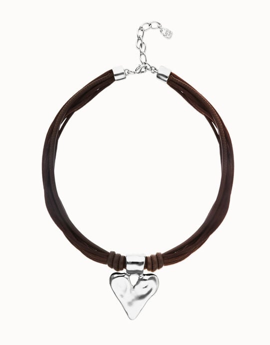 Brown leather and silk thread necklace with heart detail