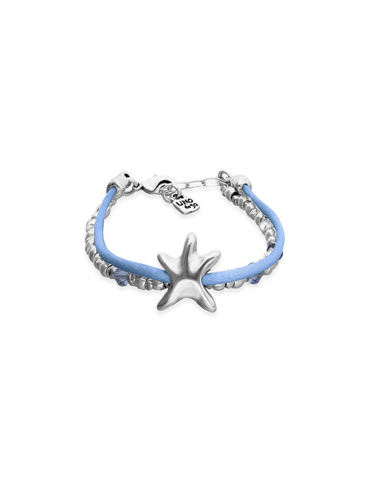 Pulsera de hilo de seda en color azul ba&ntilde;ada en plata con estrella de mar