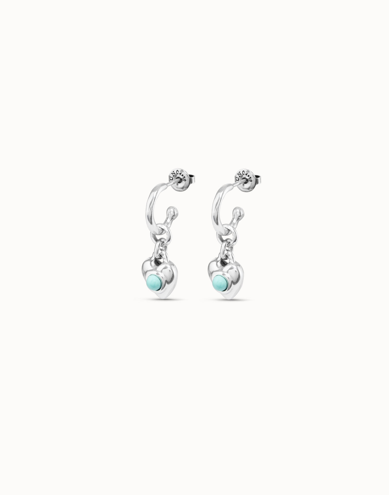 Sterling silver-plated hoop shaped earrings with turquoise murano glass heart charm, Silver, large image number null