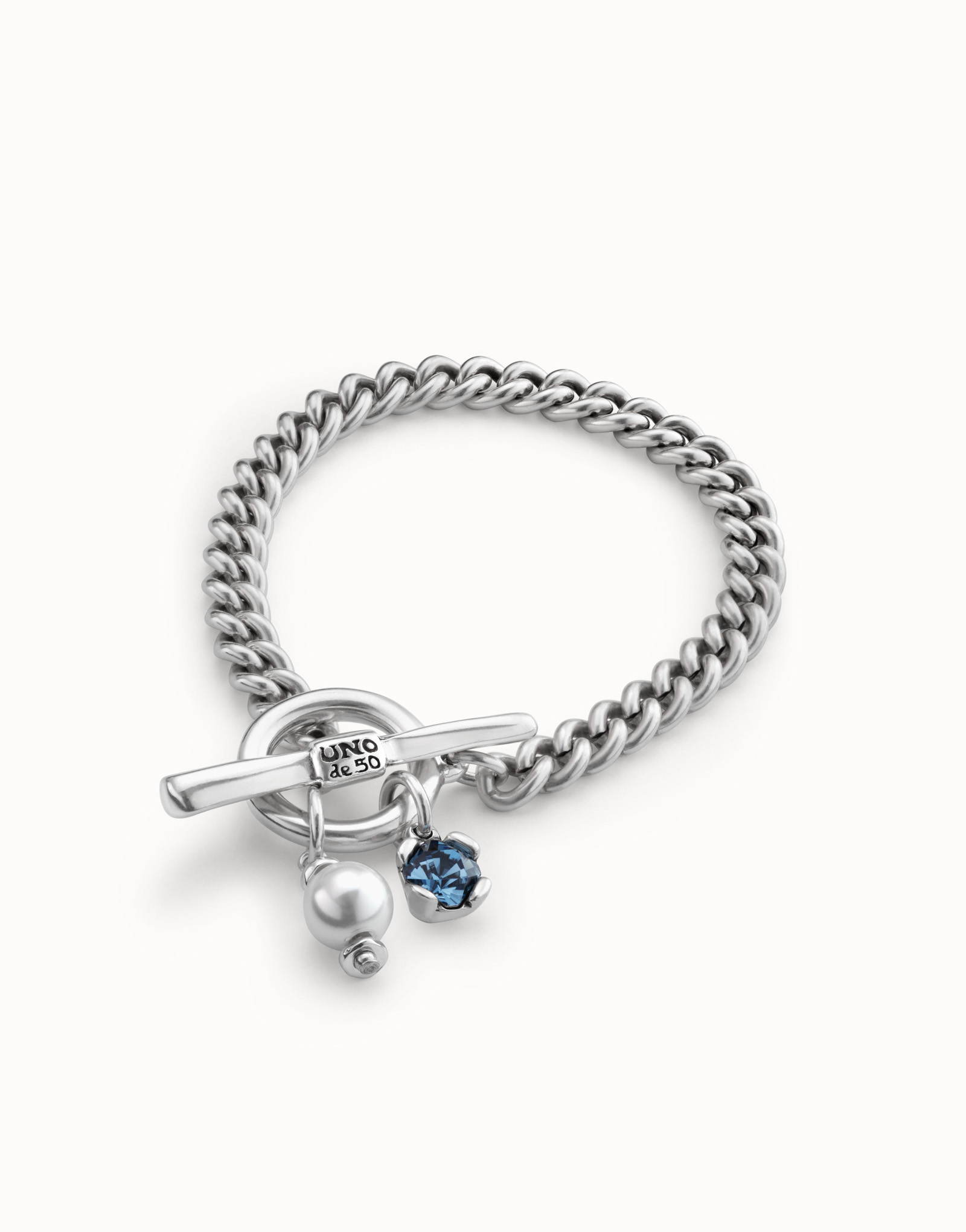 Sterling silver-plated bracelet with pearl and blue crystal, Silver, large image number null