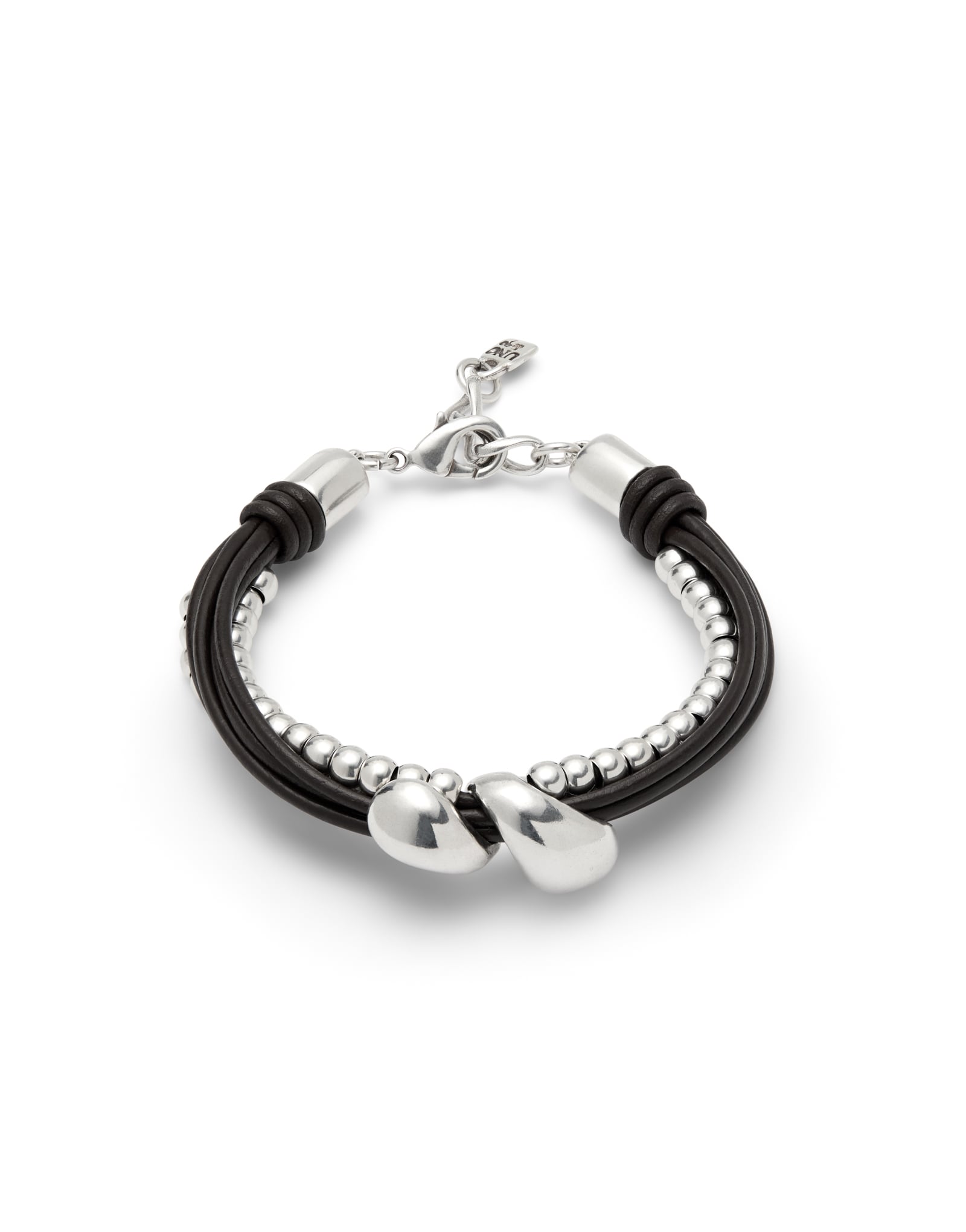 Pulsera combinada en cuero y cuentas ba&ntilde;adas en plata con dos gotas
