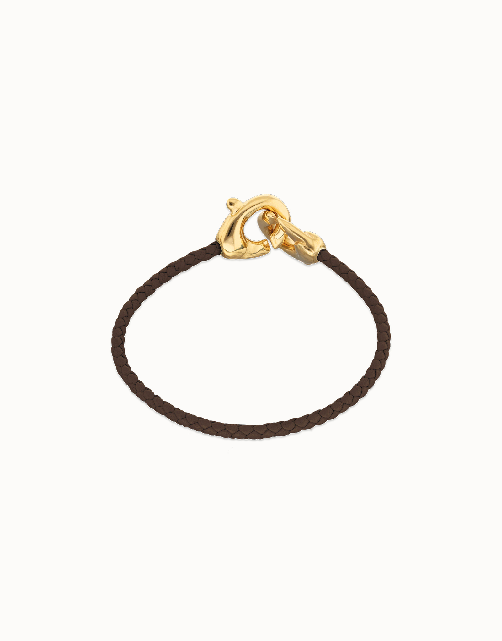 Brown leather bracelet with interlocking carabiner, Golden, large thumbnail