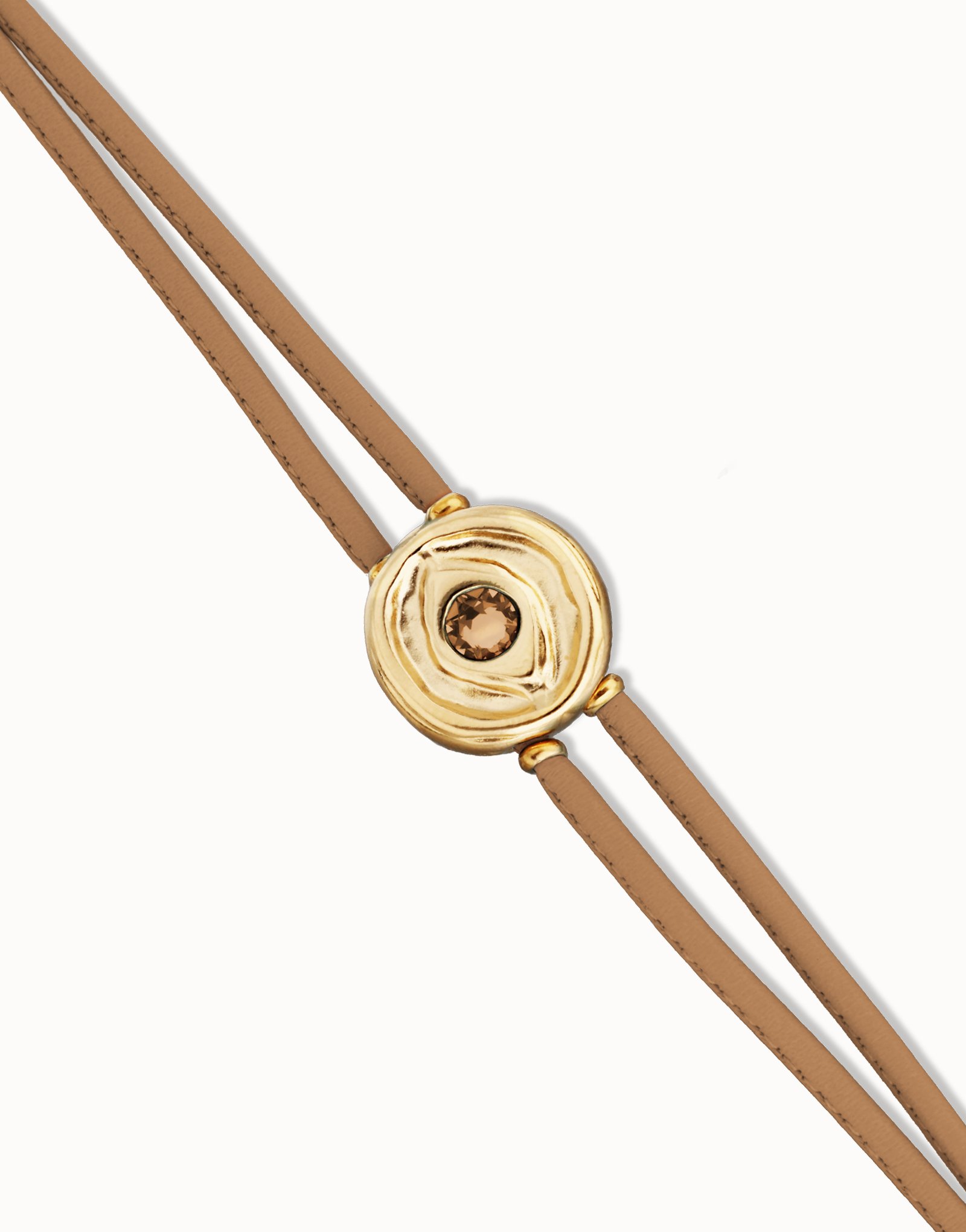 Pulsera doble de cuero crema con ojo bañado en oro 18k, Dorado, large thumbnail