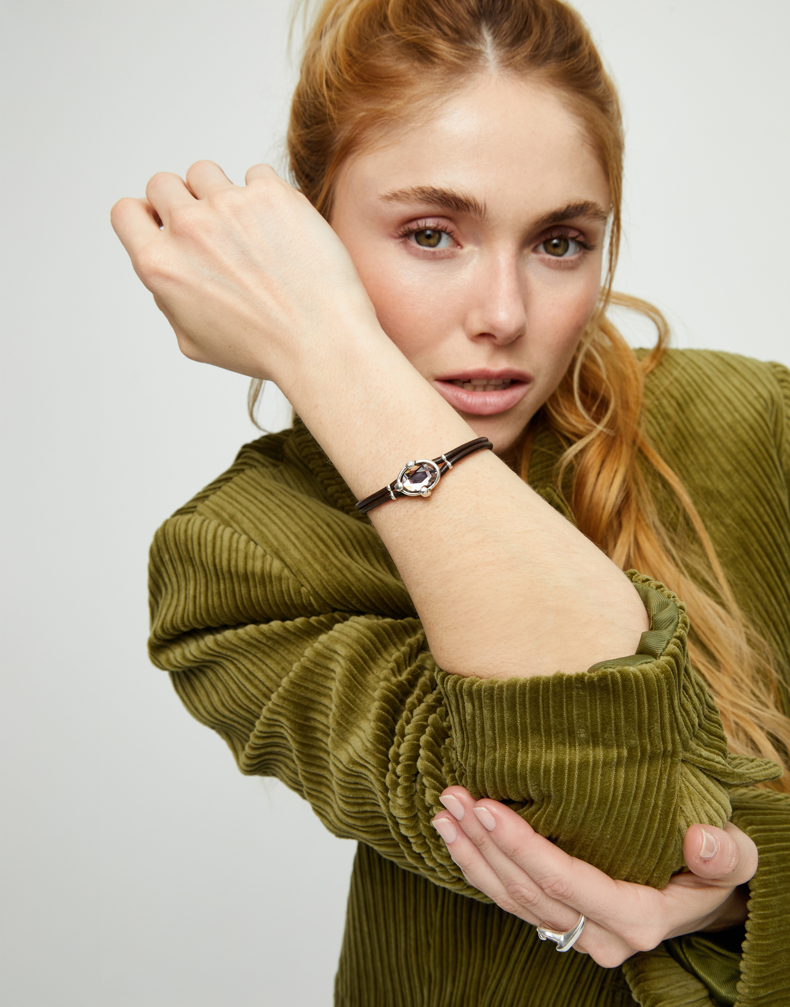 Leather bracelet with pink oval faceted crystal, Silver, large thumbnail