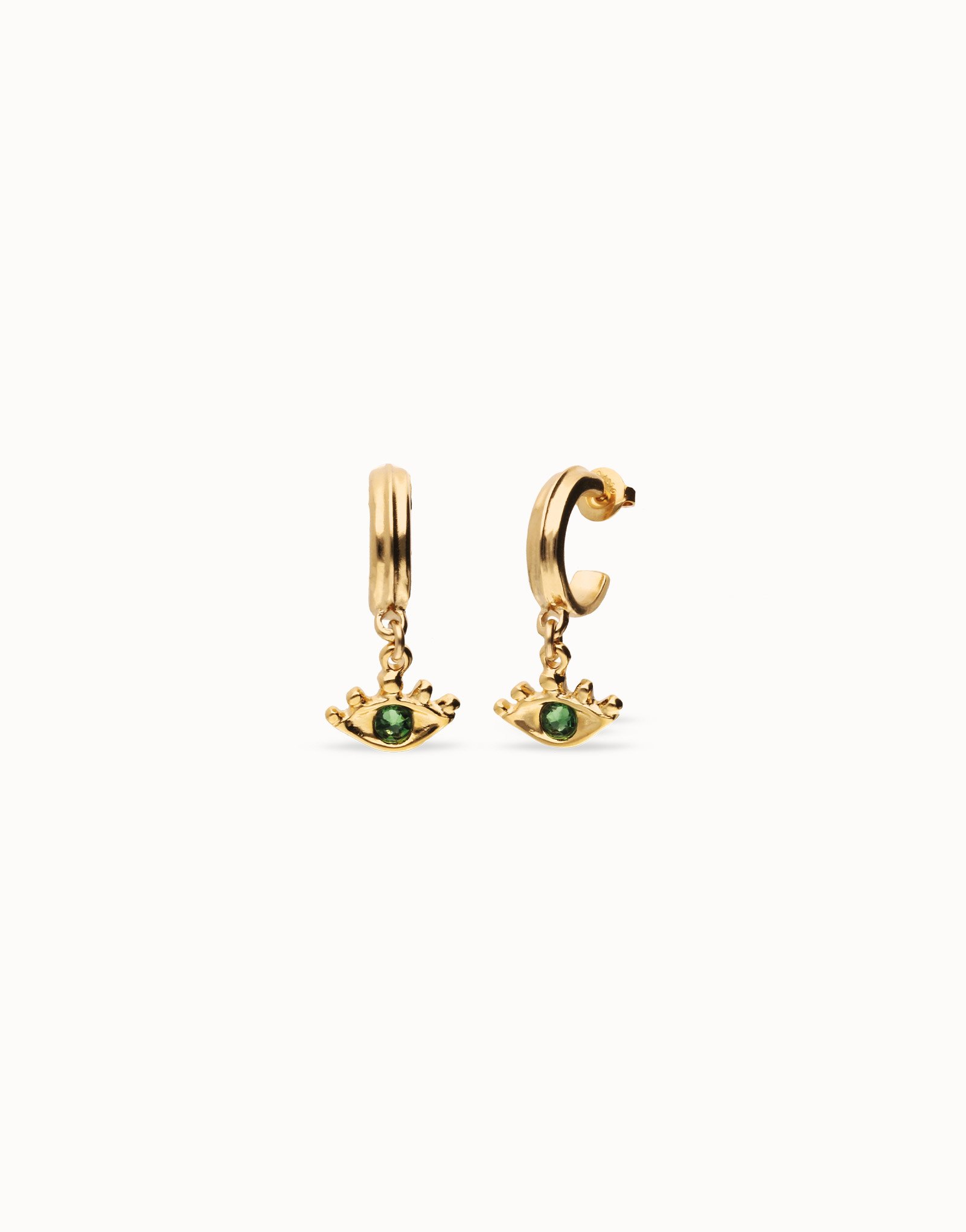 Pendientes de aro bañados en oro 18k con forma de ojo y cristal facetado verde, Dorado, large thumbnail