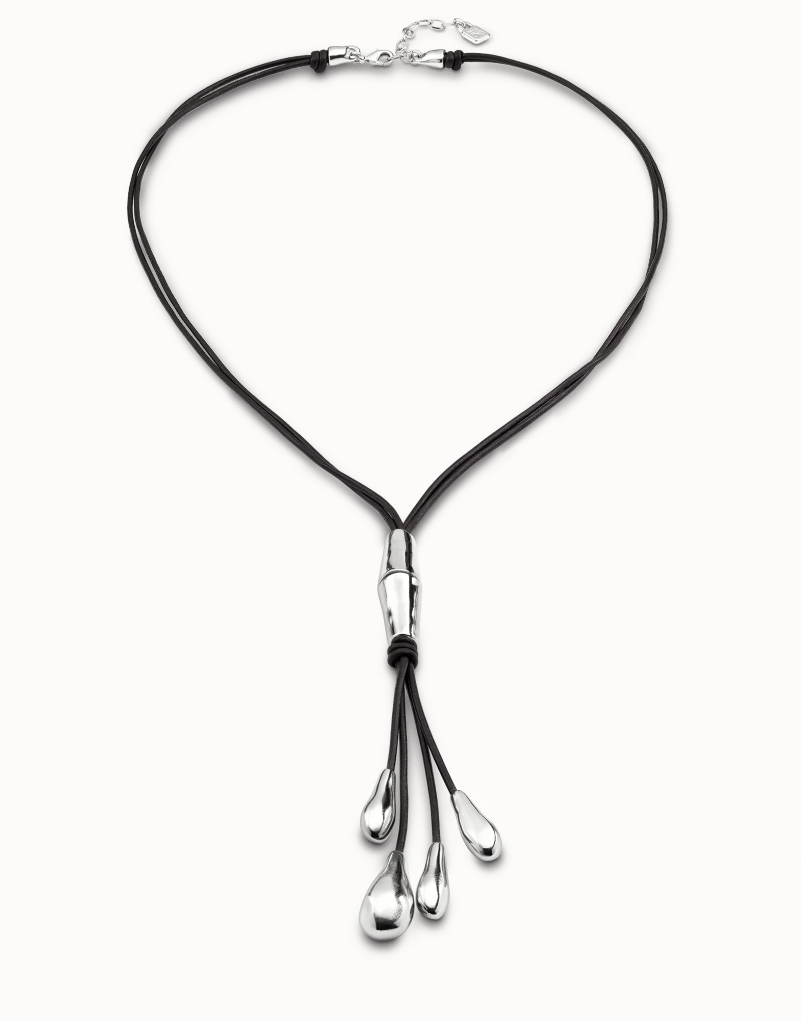 Sterling silver-plated long leather whip necklace with 2 tubules and 4 fringes with drops, Silver, large image number null