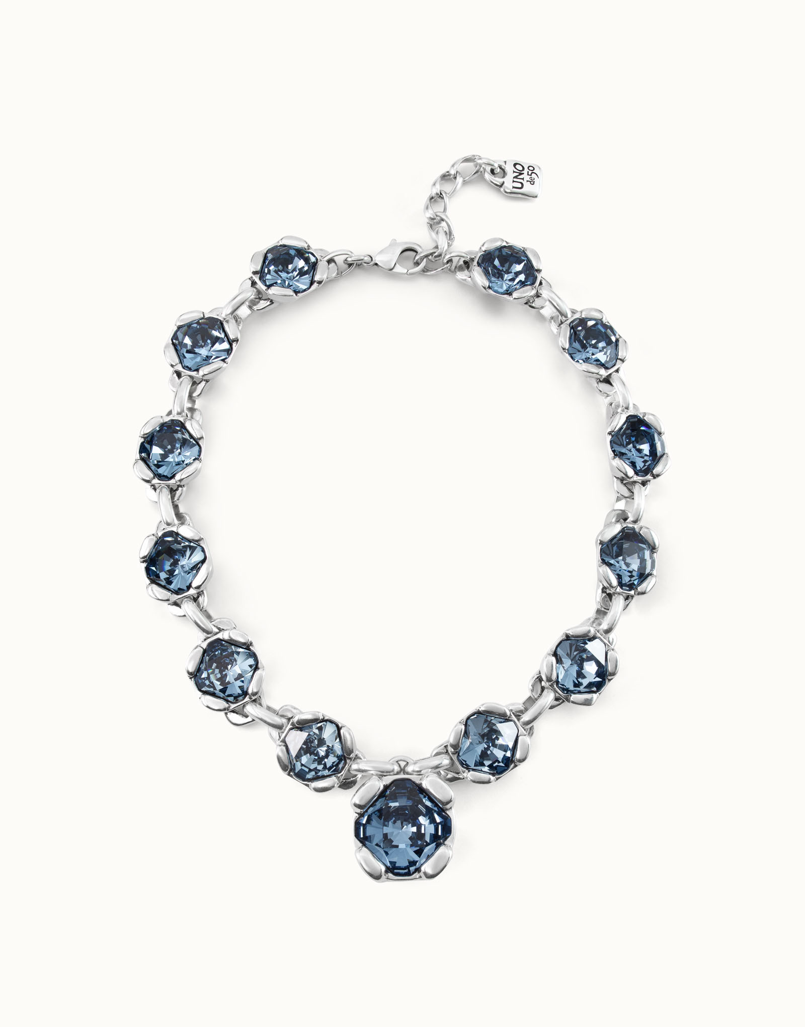 Sterling silver-plated necklace with 12 faceted blue crystals., Silver, large image number null