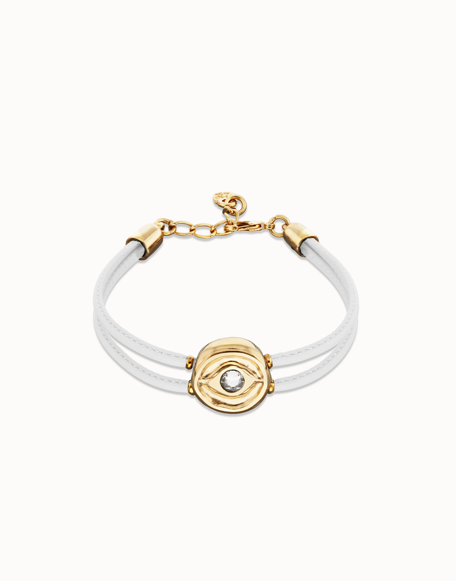 Pulsera doble de cuero blanco con ojo bañado en oro 18k, Dorado, large thumbnail