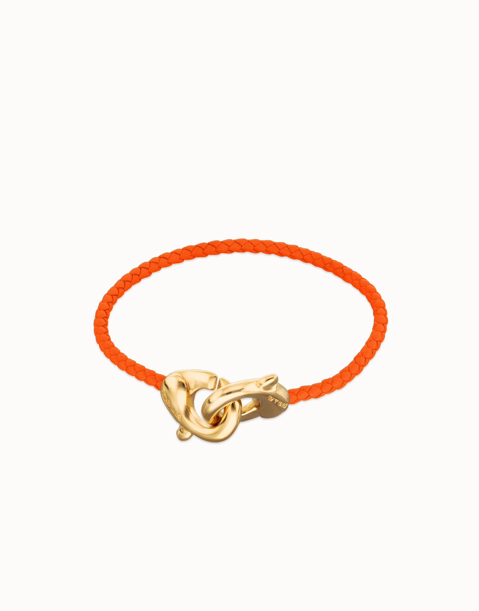 Orange leather bracelet with interlocking carabiner, Golden, large thumbnail
