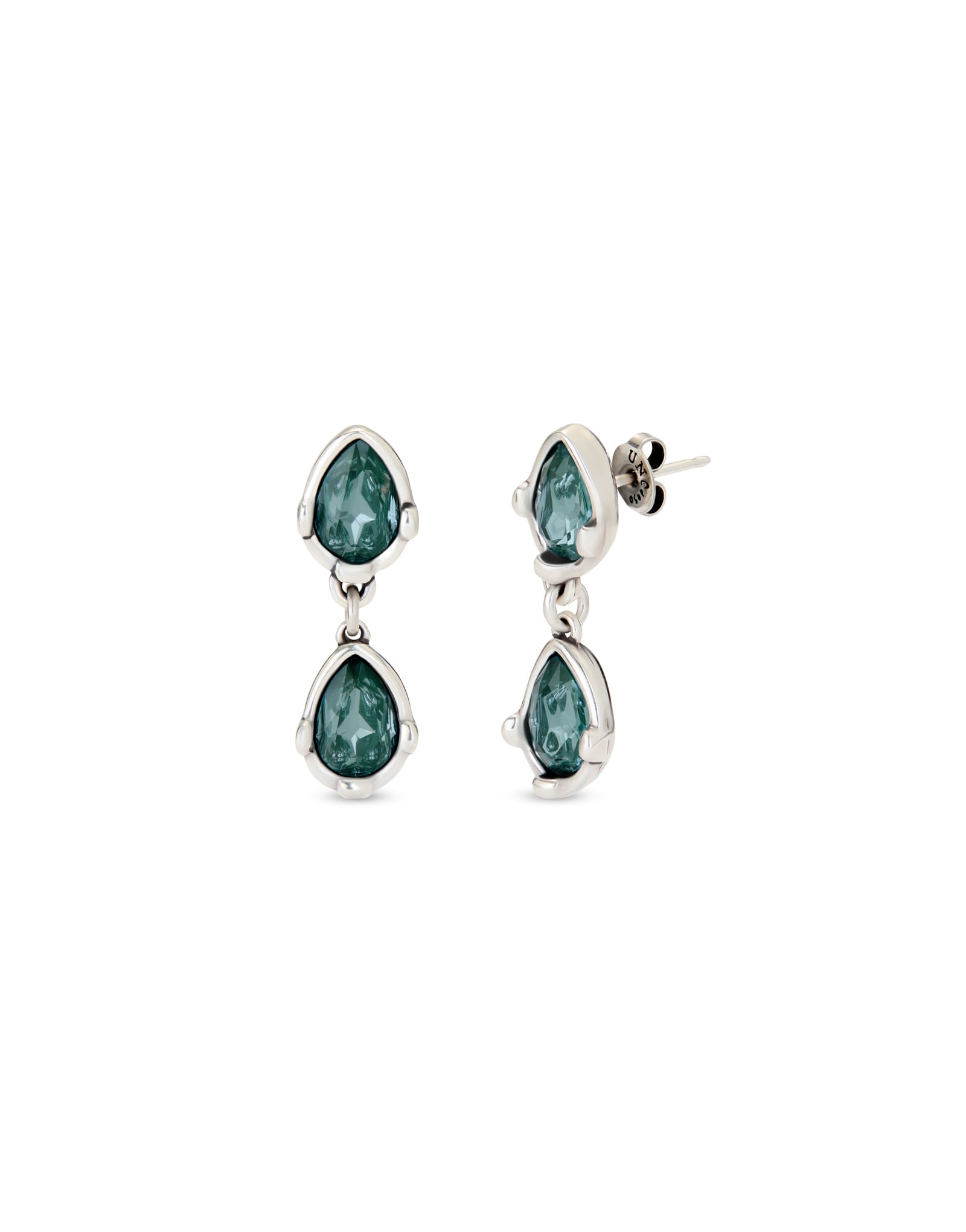 Long  earrings with two green drop-shaped faceted crystals
