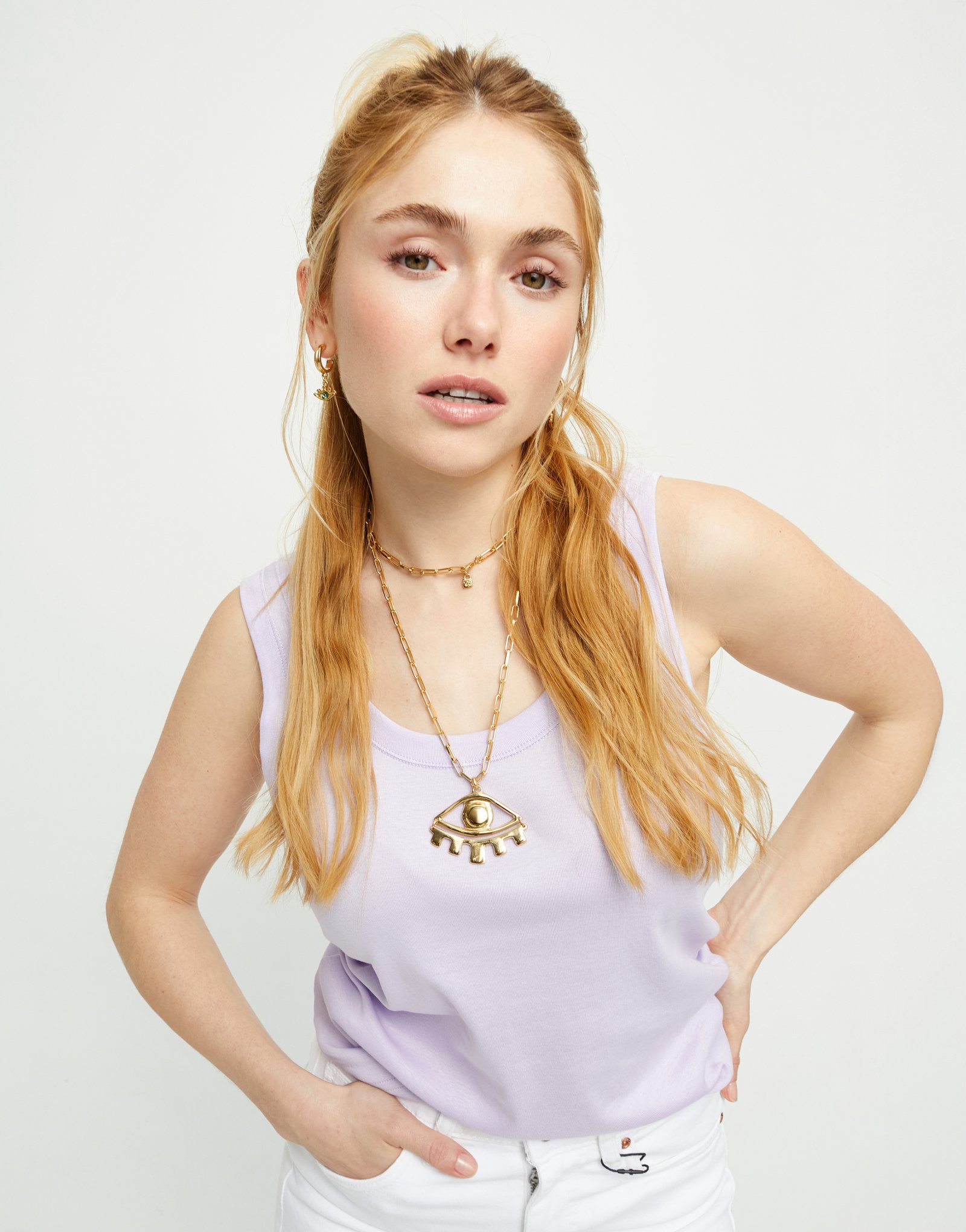 Long gold necklace with big eye, Golden, large thumbnail