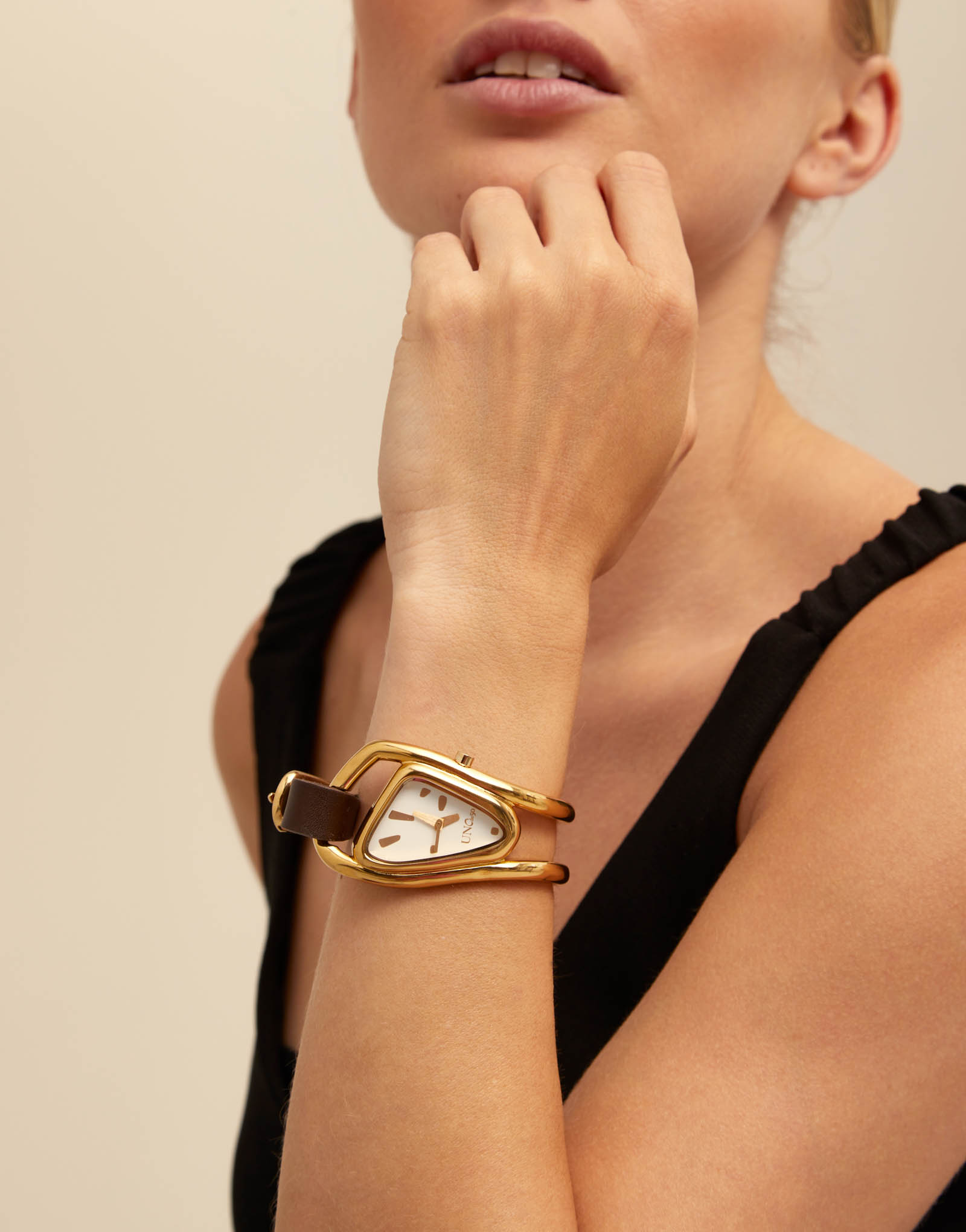 Reloj de mujer de piel y metal bañado en oro de 18K, Dorado, large image number null