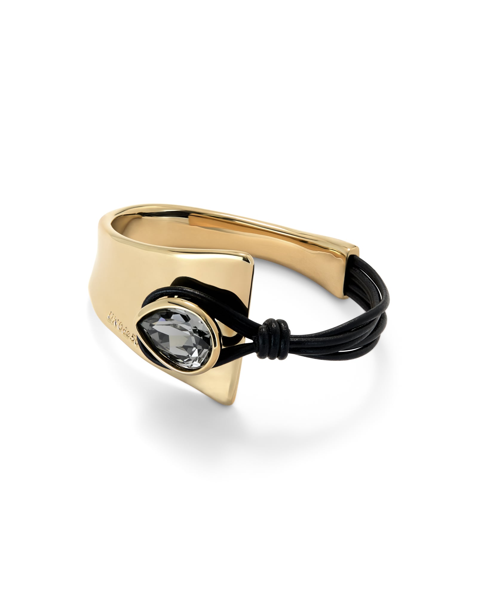 Semi-rigid bracelet with leather and a grey drop-shaped faceted crystal