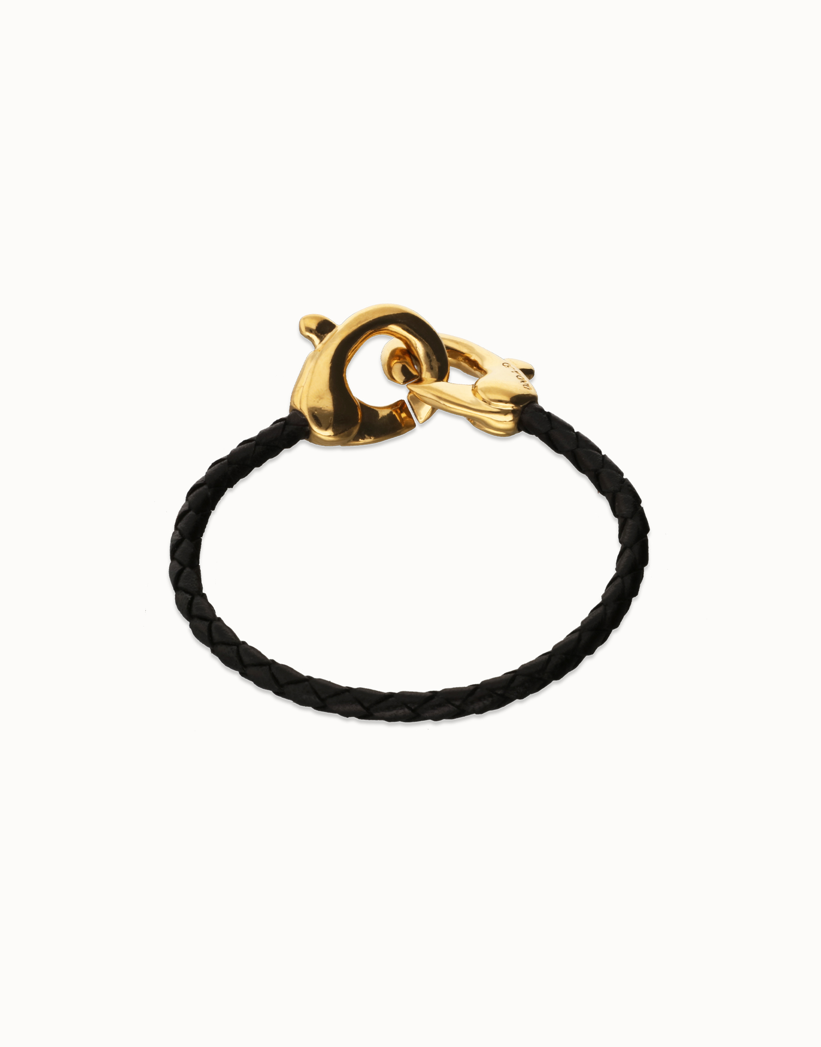 Pulsera de cuero negro con mosquetón entrelazado, Dorado, large thumbnail