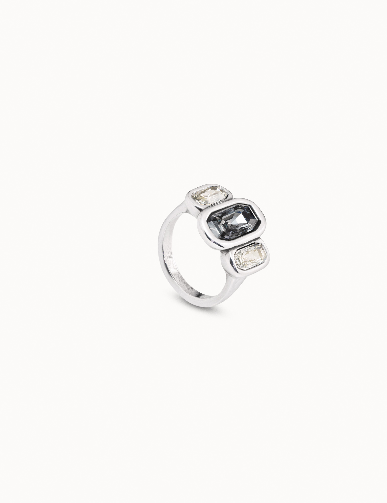 Sterling silver-plated ring with 1 gray crystal and 2 white crystals, Silver, large image number null