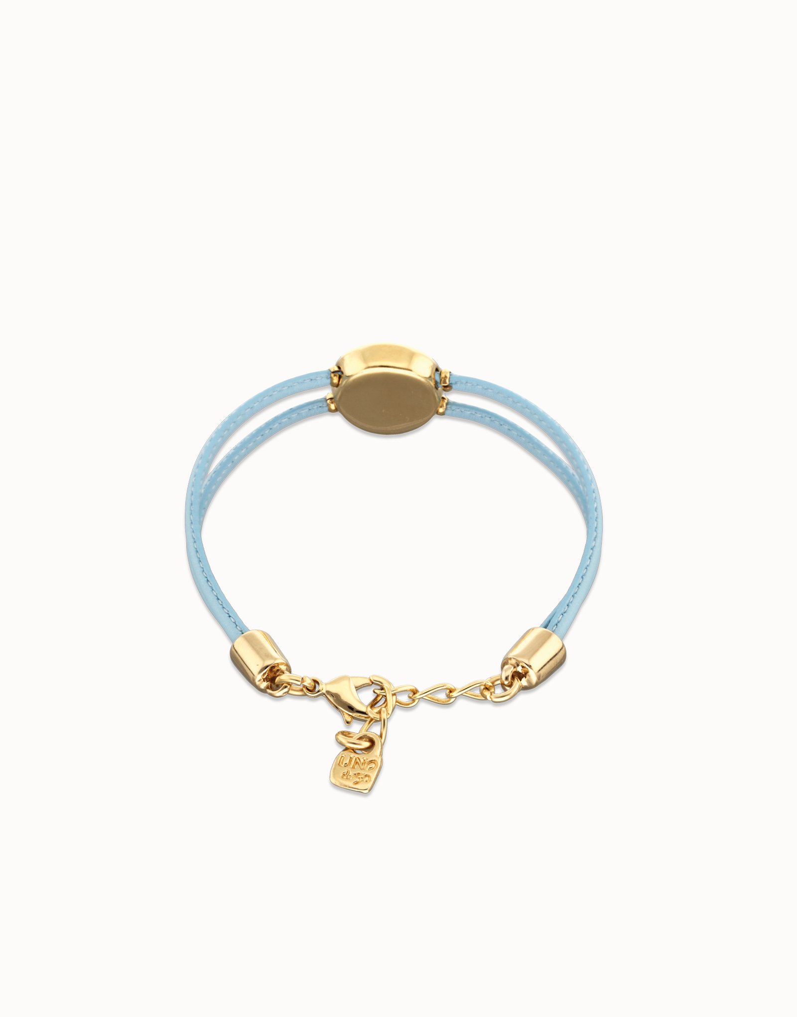 Pulsera doble de cuero celeste con ojo bañado en oro 18k, Dorado, large thumbnail