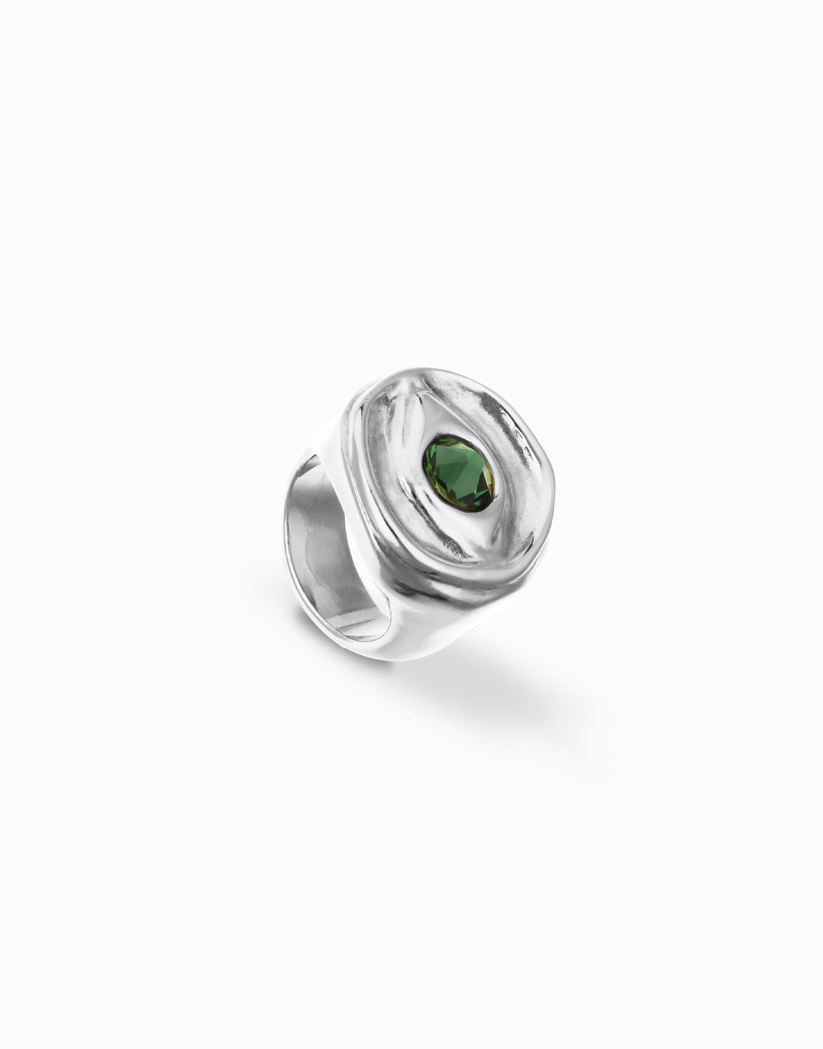 Anillo tipo sello en plata de ley y forma de ojo con cristal facetado verde, Plateado, large thumbnail