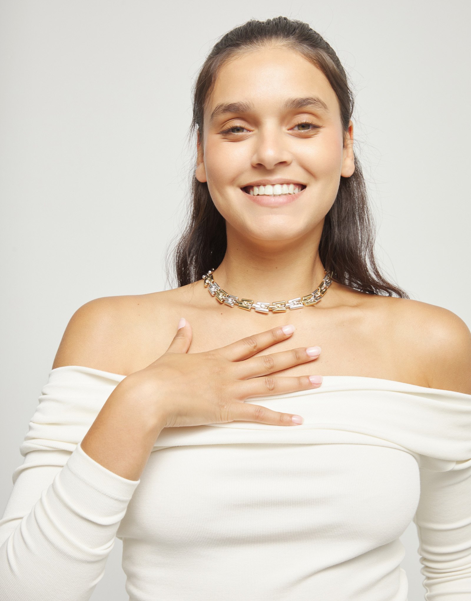 Collar con eslabones combinados en ba&ntilde;o de oro y plata, Dorado, large thumbnail