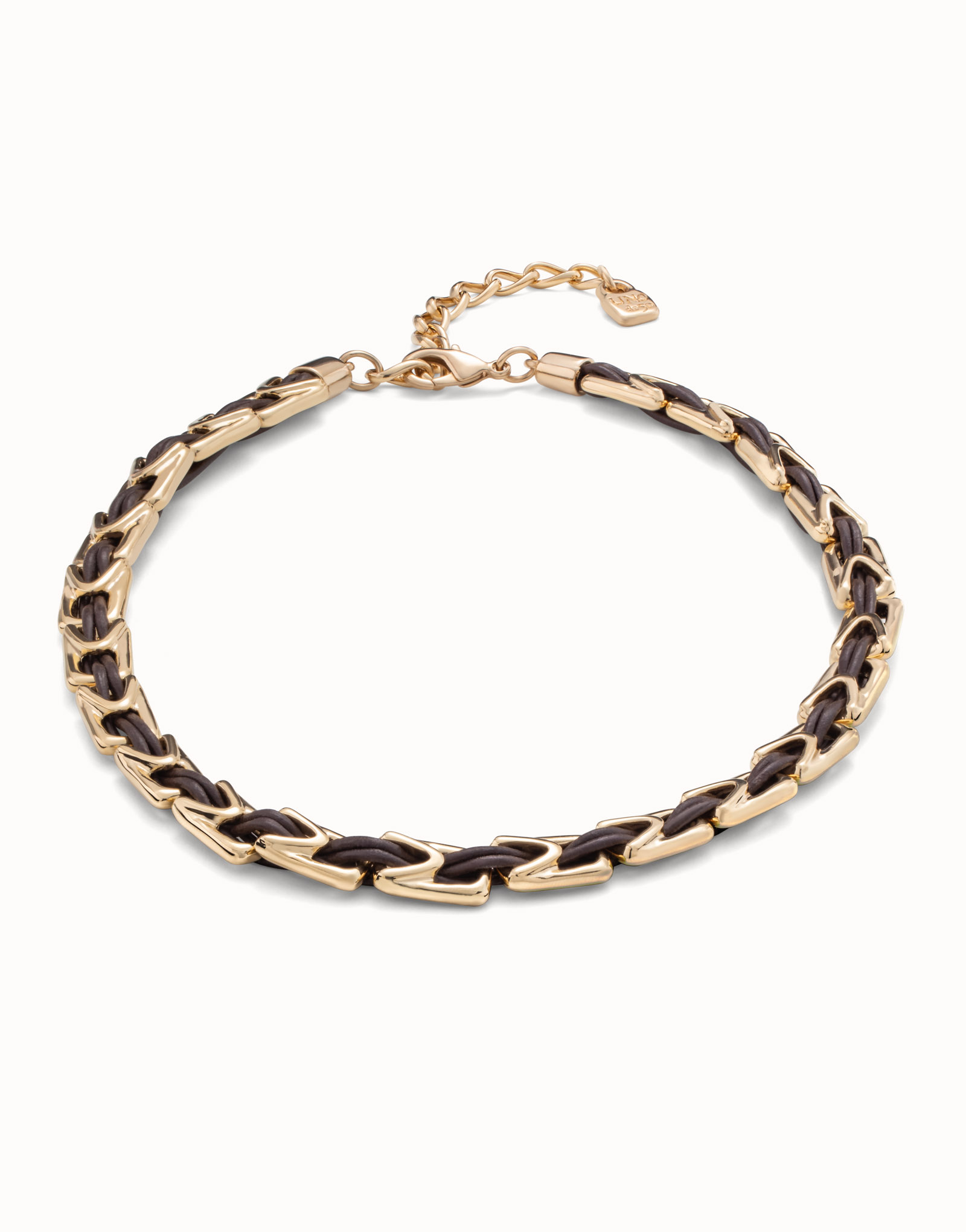 Short leather necklace with 18K gold-plated links., Golden, large image number null