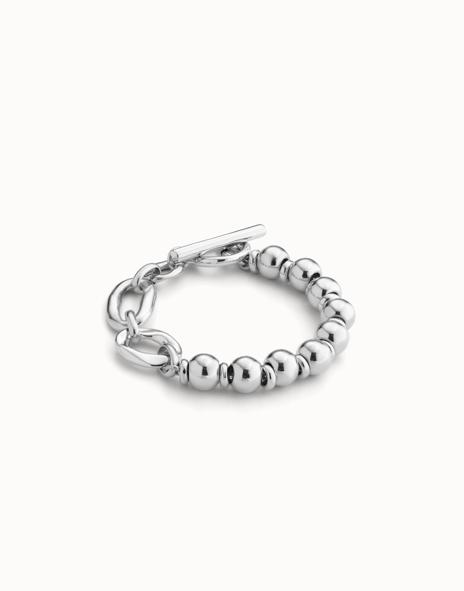 Bracciale di cuoio con maglie rettangolari placcato argento Sterling, Argent, large image number null