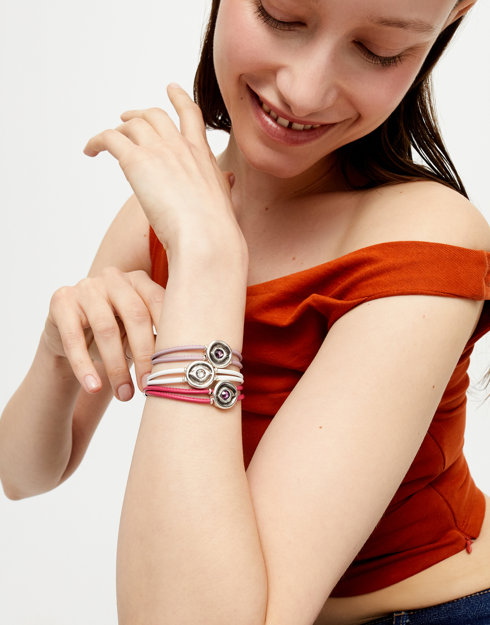 Double white leather birthstone bracelet with eye, Silver, large thumbnail